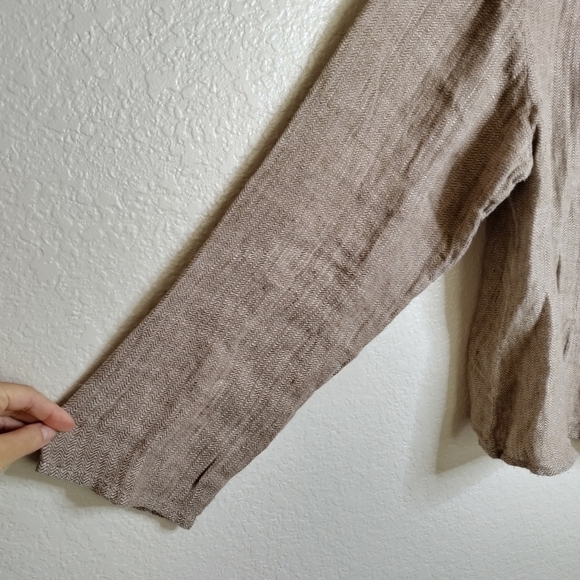 FLAX button down linen langenlook high collar shirt sz L - Picture 5 of 7